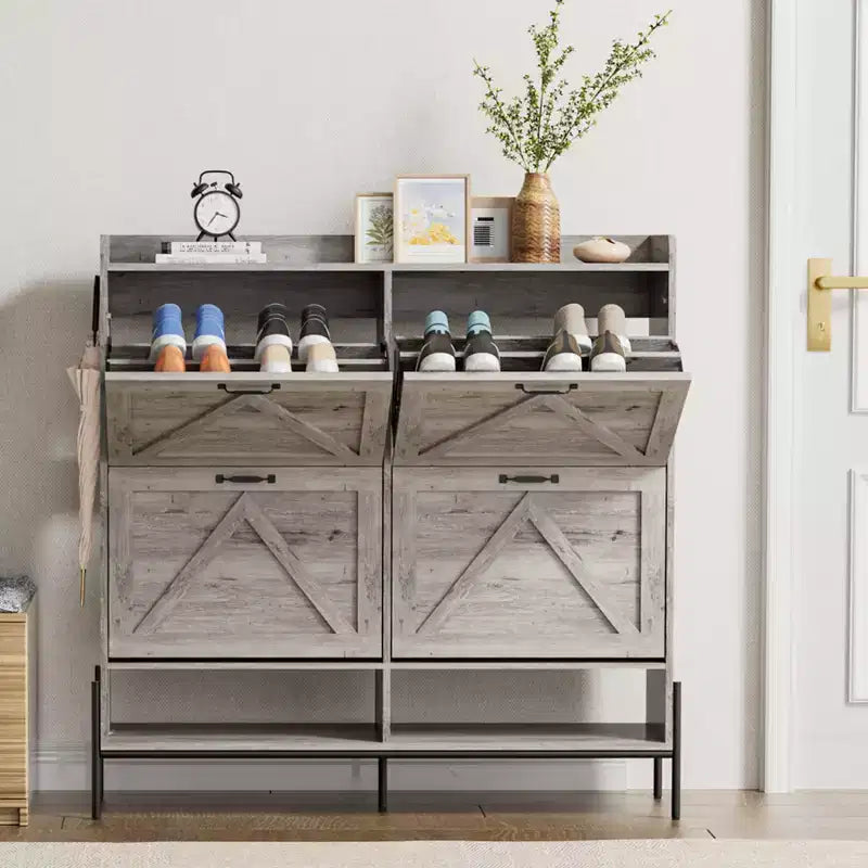 Meuble à chaussures avec 4 tiroirs basculants, Meuble à chaussures étroit, Organisateur de rangement de chaussures autoportant, Séparation sec et humide avec pieds en métal