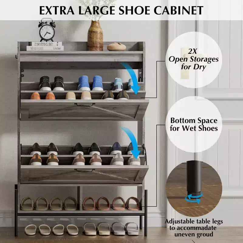 Meuble à chaussures avec 4 tiroirs basculants, Meuble à chaussures étroit, Organisateur de rangement de chaussures autoportant, Séparation sec et humide avec pieds en métal