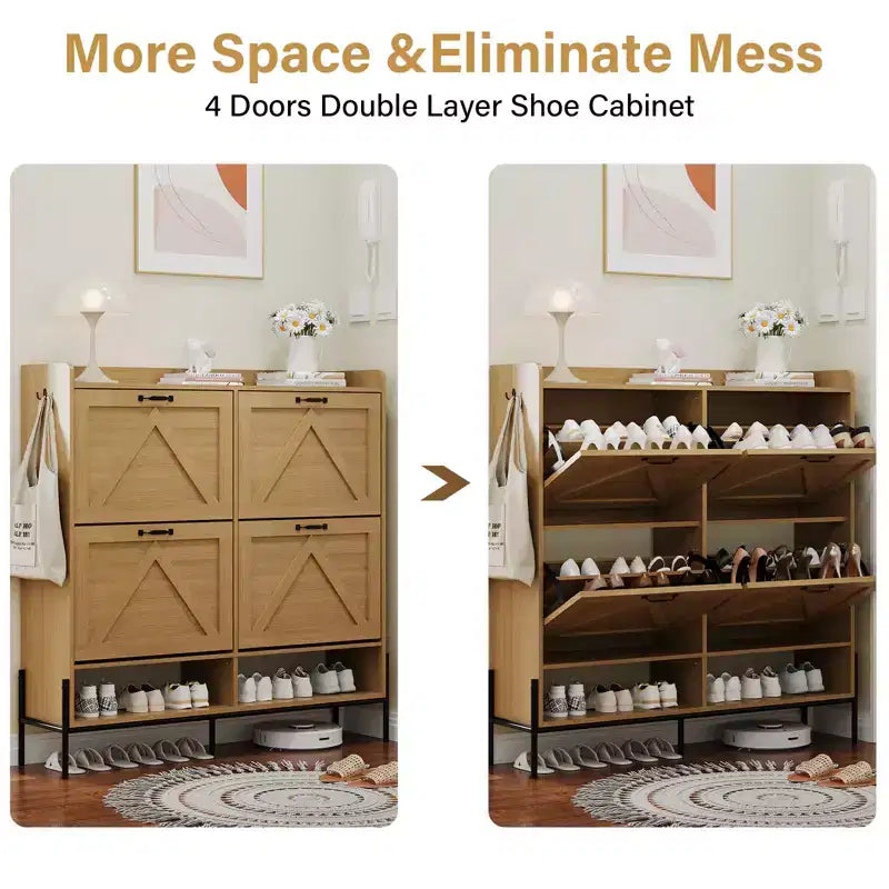 Meuble à chaussures avec 4 tiroirs basculants, Meuble à chaussures étroit, Organisateur de rangement de chaussures autoportant, Séparation sec et humide avec pieds en métal