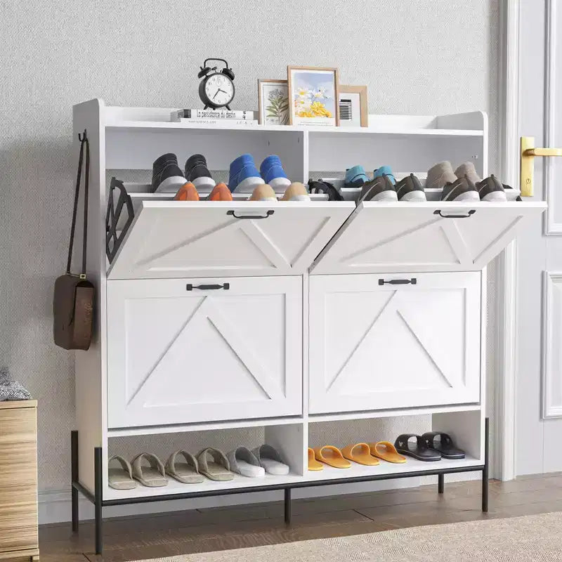 Meuble à chaussures avec 4 tiroirs basculants, Meuble à chaussures étroit, Organisateur de rangement de chaussures autoportant, Séparation sec et humide avec pieds en métal