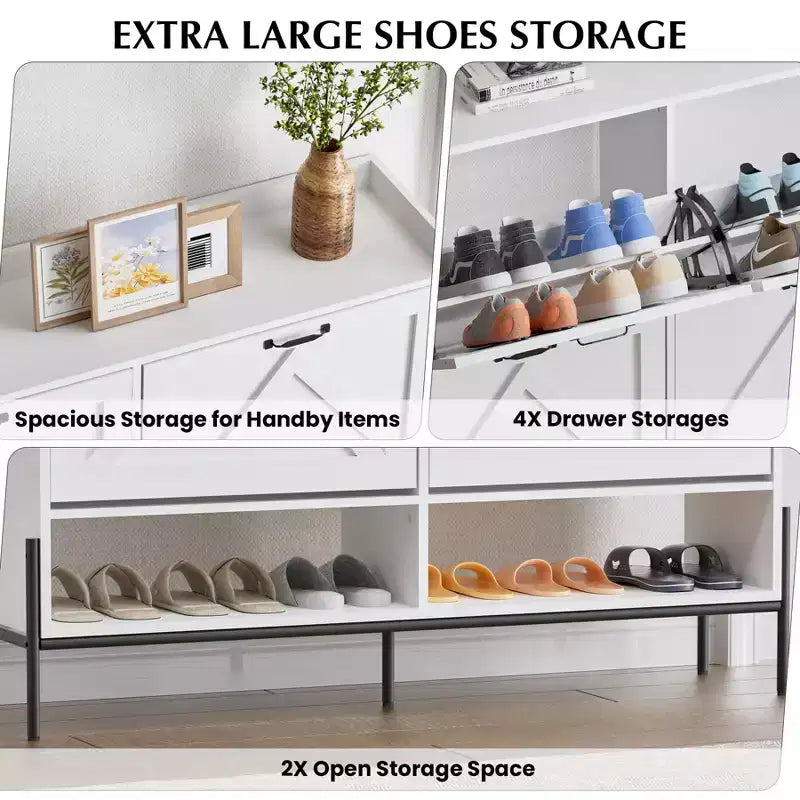 Meuble à chaussures avec 4 tiroirs basculants, Meuble à chaussures étroit, Organisateur de rangement de chaussures autoportant, Séparation sec et humide avec pieds en métal
