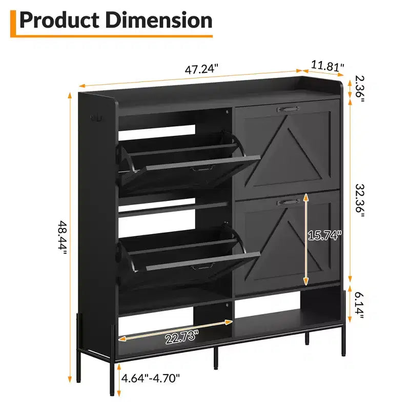 Meuble à chaussures avec 4 tiroirs basculants, Meuble à chaussures étroit, Organisateur de rangement de chaussures autoportant, Séparation sec et humide avec pieds en métal