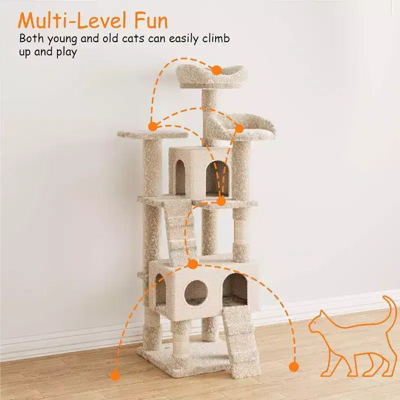 Grand arbre à chat de 180 cm, avec plusieurs niveaux, condo pour chat, poteaux à griffer en sisal et perchoirs rembourrés en peluche, cadre d'escalade pour chat, jaune