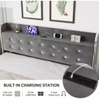 Cadre de lit avec tête de lit de rangement, 4 tiroirs et station de charge, design plateforme rembourrée en velours, pas besoin de sommier tapissier, support robuste.
