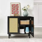 MAYEERTY Buffet bas avec panneaux latéraux et portes en rotin naturel, étagères réglables pour Chambre à coucher, Salon, 1 pièce