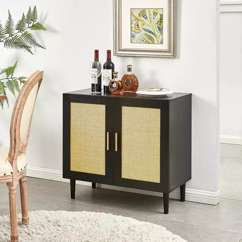 MAYEERTY Buffet bas avec panneaux latéraux et portes en rotin naturel, étagères réglables pour Chambre à coucher, Salon, 1 pièce