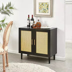MAYEERTY Buffet bas avec panneaux latéraux et portes en rotin naturel, étagères réglables pour Chambre à coucher, Salon, 1 pièce