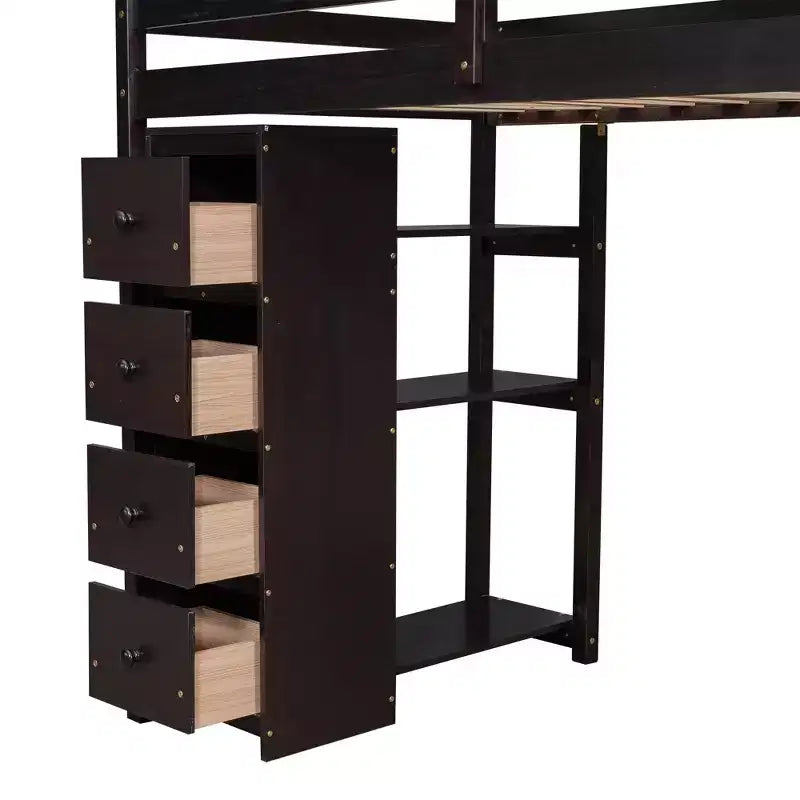 Lit mezzanine double avec bureau et escalier, lit mezzanine haut en bois avec tiroirs et étagères pour enfants et adolescents