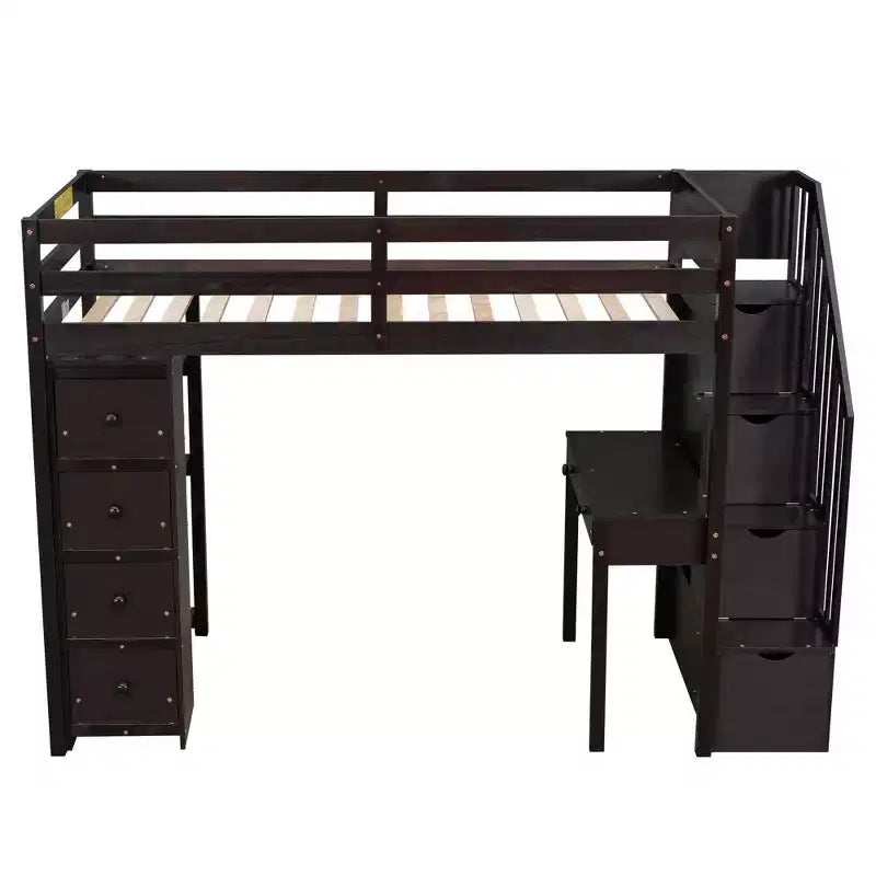 Lit mezzanine double avec bureau et escalier, lit mezzanine haut en bois avec tiroirs et étagères pour enfants et adolescents