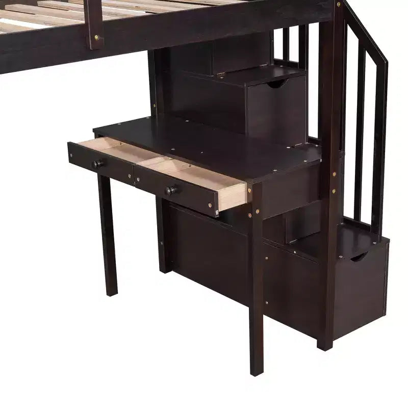 Lit mezzanine double avec bureau et escalier, lit mezzanine haut en bois avec tiroirs et étagères pour enfants et adolescents