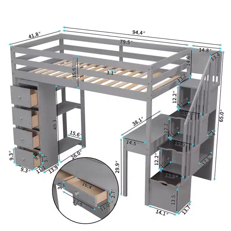 Lit mezzanine double avec bureau et escalier, lit mezzanine haut en bois avec tiroirs et étagères pour enfants et adolescents