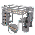 Lit mezzanine double avec bureau et escalier, lit mezzanine haut en bois avec tiroirs et étagères pour enfants et adolescents