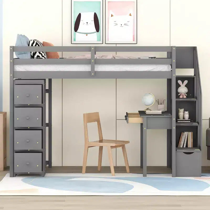 Lit mezzanine double avec bureau et escalier, lit mezzanine haut en bois avec tiroirs et étagères pour enfants et adolescents