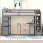 Lit mezzanine double avec bureau et escalier, lit mezzanine haut en bois avec tiroirs et étagères pour enfants et adolescents