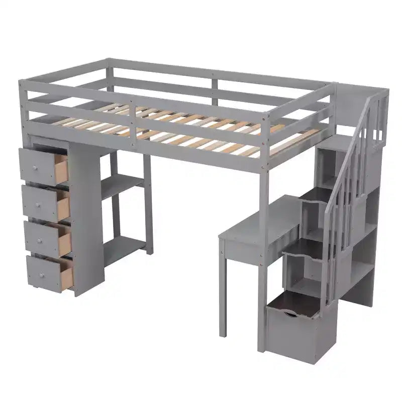 Lit mezzanine double avec bureau et escalier, lit mezzanine haut en bois avec tiroirs et étagères pour enfants et adolescents