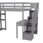 Lit mezzanine double avec bureau et escalier, lit mezzanine haut en bois avec tiroirs et étagères pour enfants et adolescents