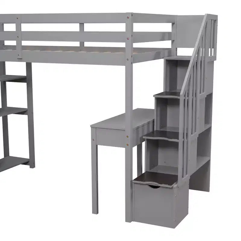 Lit mezzanine double avec bureau et escalier, lit mezzanine haut en bois avec tiroirs et étagères pour enfants et adolescents