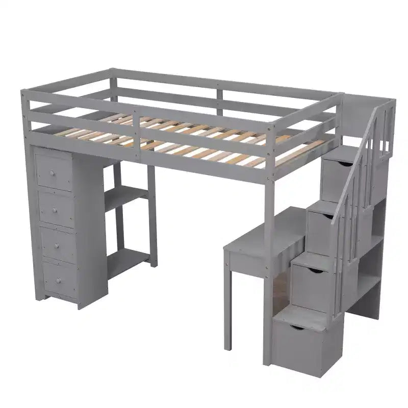 Lit mezzanine double avec bureau et escalier, lit mezzanine haut en bois avec tiroirs et étagères pour enfants et adolescents