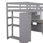 Lit mezzanine double avec bureau et escalier, lit mezzanine haut en bois avec tiroirs et étagères pour enfants et adolescents