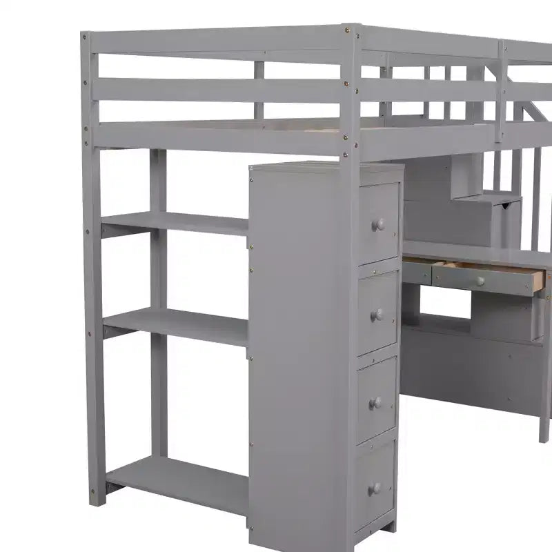 Lit mezzanine double avec bureau et escalier, lit mezzanine haut en bois avec tiroirs et étagères pour enfants et adolescents