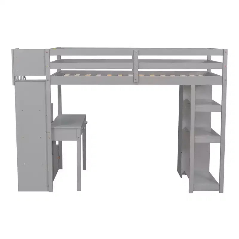 Lit mezzanine double avec bureau et escalier, lit mezzanine haut en bois avec tiroirs et étagères pour enfants et adolescents