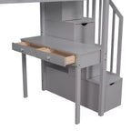 Lit mezzanine double avec bureau et escalier, lit mezzanine haut en bois avec tiroirs et étagères pour enfants et adolescents