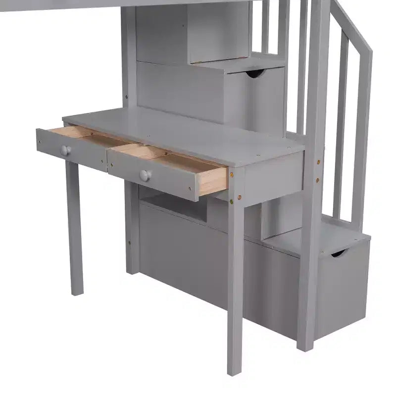 Lit mezzanine double avec bureau et escalier, lit mezzanine haut en bois avec tiroirs et étagères pour enfants et adolescents