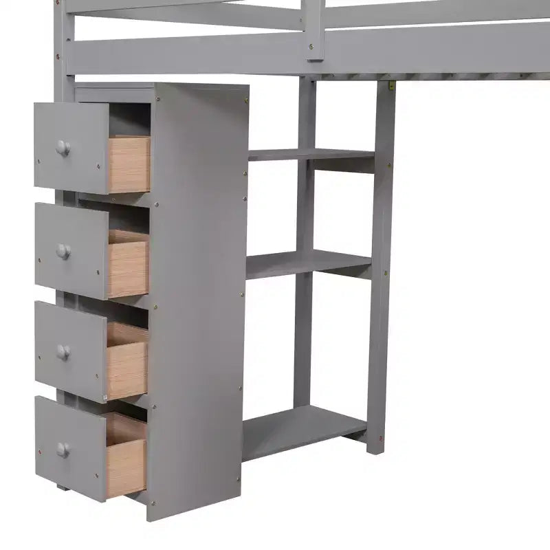 Lit mezzanine double avec bureau et escalier, lit mezzanine haut en bois avec tiroirs et étagères pour enfants et adolescents