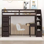 Lit mezzanine double avec bureau et escalier, lit mezzanine haut en bois avec tiroirs et étagères pour enfants et adolescents