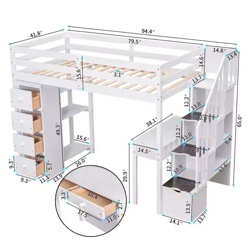 Lit mezzanine double avec bureau et escalier, lit mezzanine haut en bois avec tiroirs et étagères pour enfants et adolescents