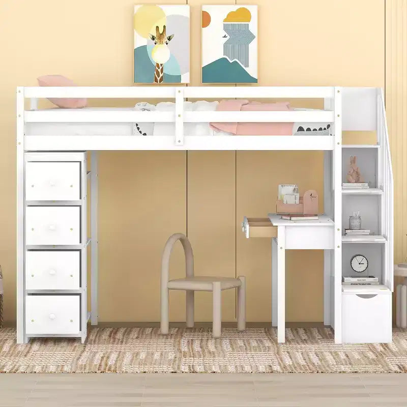 Lit mezzanine double avec bureau et escalier, lit mezzanine haut en bois avec tiroirs et étagères pour enfants et adolescents