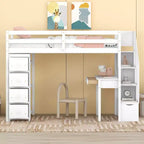 Lit mezzanine double avec bureau et escalier, lit mezzanine haut en bois avec tiroirs et étagères pour enfants et adolescents