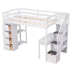 Lit mezzanine double avec bureau et escalier, lit mezzanine haut en bois avec tiroirs et étagères pour enfants et adolescents