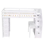 Lit mezzanine double avec bureau et escalier, lit mezzanine haut en bois avec tiroirs et étagères pour enfants et adolescents