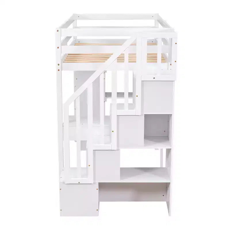 Lit mezzanine double avec bureau et escalier, lit mezzanine haut en bois avec tiroirs et étagères pour enfants et adolescents