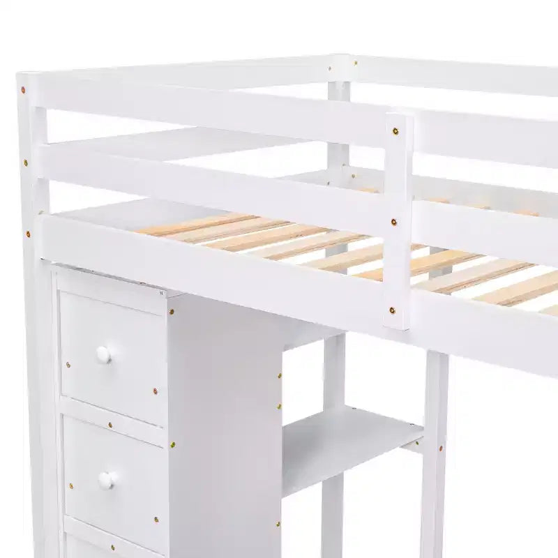 Lit mezzanine double avec bureau et escalier, lit mezzanine haut en bois avec tiroirs et étagères pour enfants et adolescents