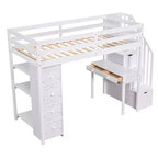 Lit mezzanine double avec bureau et escalier, lit mezzanine haut en bois avec tiroirs et étagères pour enfants et adolescents