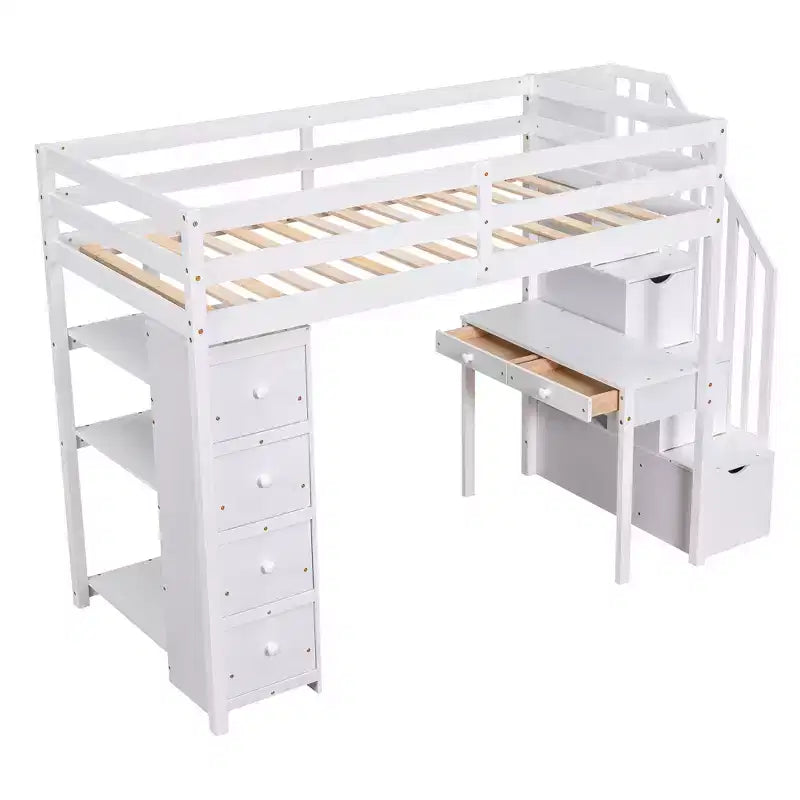Lit mezzanine double avec bureau et escalier, lit mezzanine haut en bois avec tiroirs et étagères pour enfants et adolescents