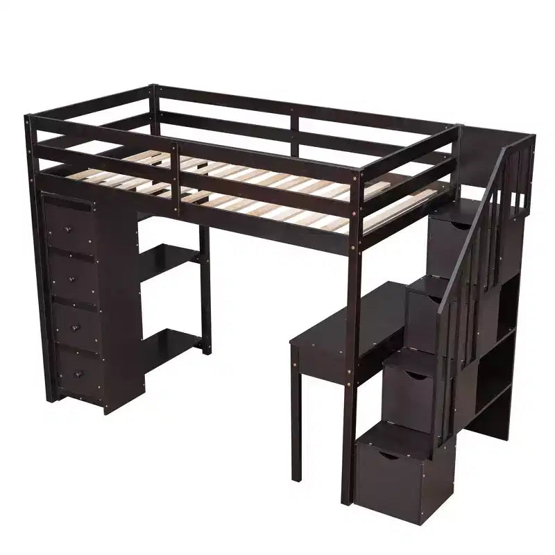 Lit mezzanine double avec bureau et escalier, lit mezzanine haut en bois avec tiroirs et étagères pour enfants et adolescents
