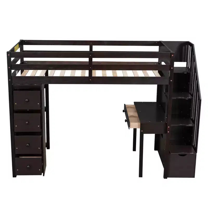 Lit mezzanine double avec bureau et escalier, lit mezzanine haut en bois avec tiroirs et étagères pour enfants et adolescents