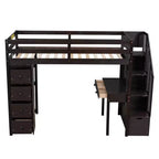 Lit mezzanine double avec bureau et escalier, lit mezzanine haut en bois avec tiroirs et étagères pour enfants et adolescents