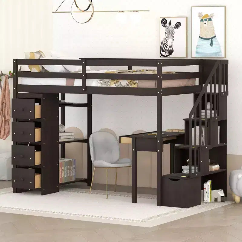 Twin Size Loft Bed with Desk and Stairs, Wooden High Loft Bed with Drawers and Shelves for Kids Teens