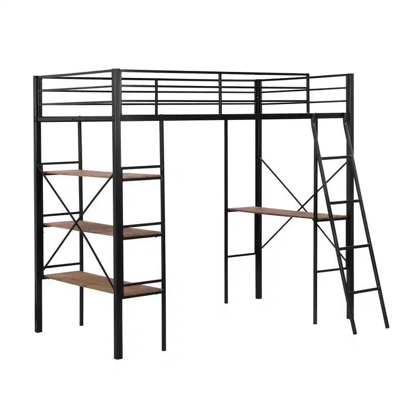 Lit mezzanine en métal de taille double avec étagères de rangement, cadre de lit mezzanine en acier robuste avec bureau intégré pour chambre à coucher ou dortoir, noir