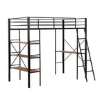 Lit mezzanine en métal de taille double avec étagères de rangement, cadre de lit mezzanine en acier robuste avec bureau intégré pour chambre à coucher ou dortoir, noir