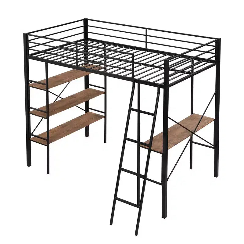 Lit mezzanine en métal de taille double avec étagères de rangement, cadre de lit mezzanine en acier robuste avec bureau intégré pour chambre à coucher ou dortoir, noir