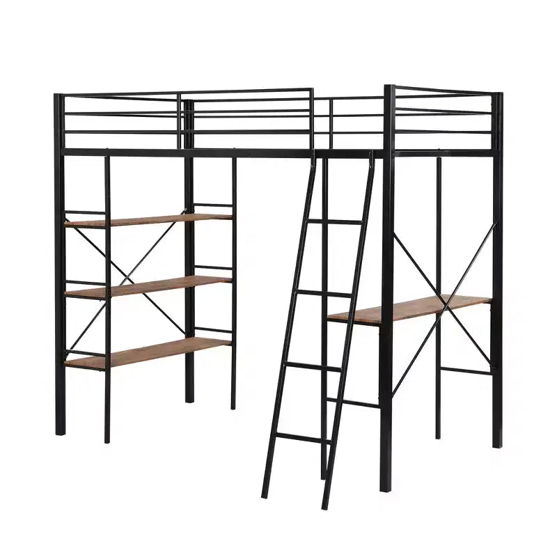 Lit mezzanine en métal de taille double avec étagères de rangement, cadre de lit mezzanine en acier robuste avec bureau intégré pour chambre à coucher ou dortoir, noir