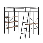 Lit mezzanine en métal de taille double avec étagères de rangement, cadre de lit mezzanine en acier robuste avec bureau intégré pour chambre à coucher ou dortoir, noir