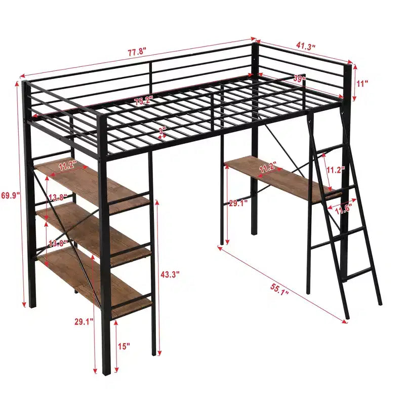 Lit mezzanine en métal de taille double avec étagères de rangement, cadre de lit mezzanine en acier robuste avec bureau intégré pour chambre à coucher ou dortoir, noir