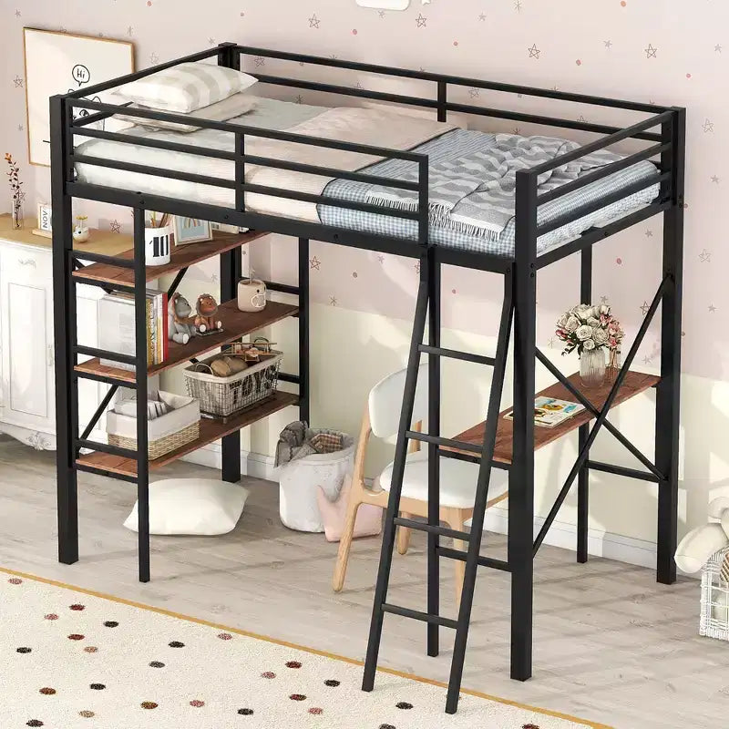 Lit mezzanine en métal de taille double avec étagères de rangement, cadre de lit mezzanine en acier robuste avec bureau intégré pour chambre à coucher ou dortoir, noir