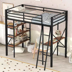 Lit mezzanine en métal de taille double avec étagères de rangement, cadre de lit mezzanine en acier robuste avec bureau intégré pour chambre à coucher ou dortoir, noir